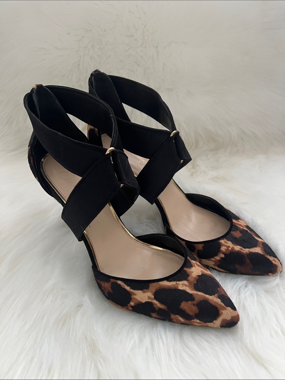 Jessica Simpson Black & Leopard Pointed-Toe Ankle Strap Heels